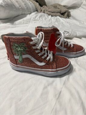 Vans Kids Glitter High-Top Sneakers in Rose Gold with Green Palm Patch